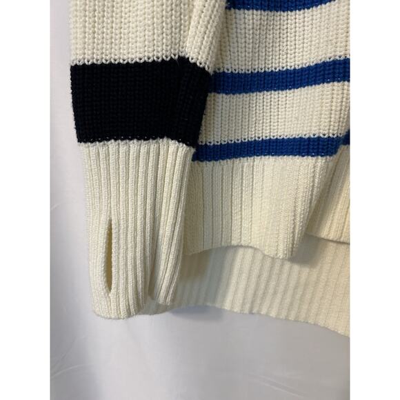 T By Talbots Womens Sweater Size MP Ivory Blue Green Stripes Thumb Hole Side Zip - Picture 12 of 13
